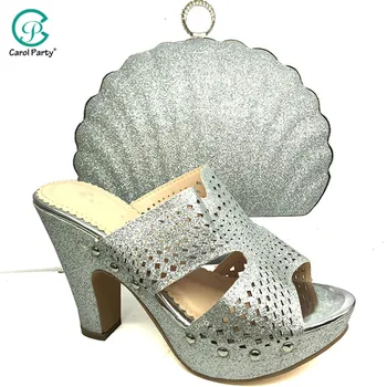 

New Arrival Italian design Elegant Women Shoes and Bag to Match in Silver Color Italian Lady Shoes and Bag for Wedding