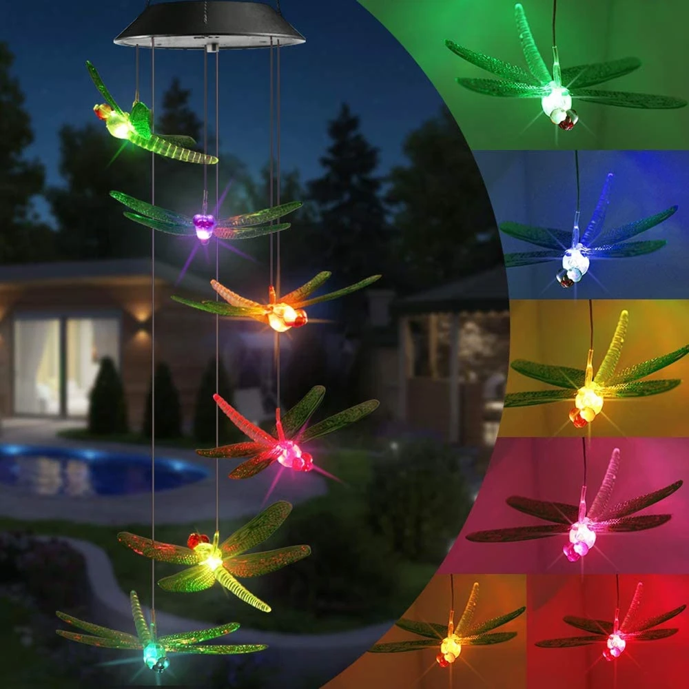 Color Changing Solar Power Wind Chime Hummingbird Angel Butterfly Waterproof Outdoor Decoration Light for Patio Yard Garden solar lights