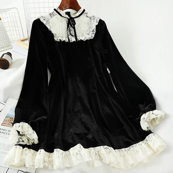 

Retro Stand Collar High Waist Lace Spliced Gold Velvet Dress Women New Spring Fall Slim Long-sleeved Black Short Dress for Party