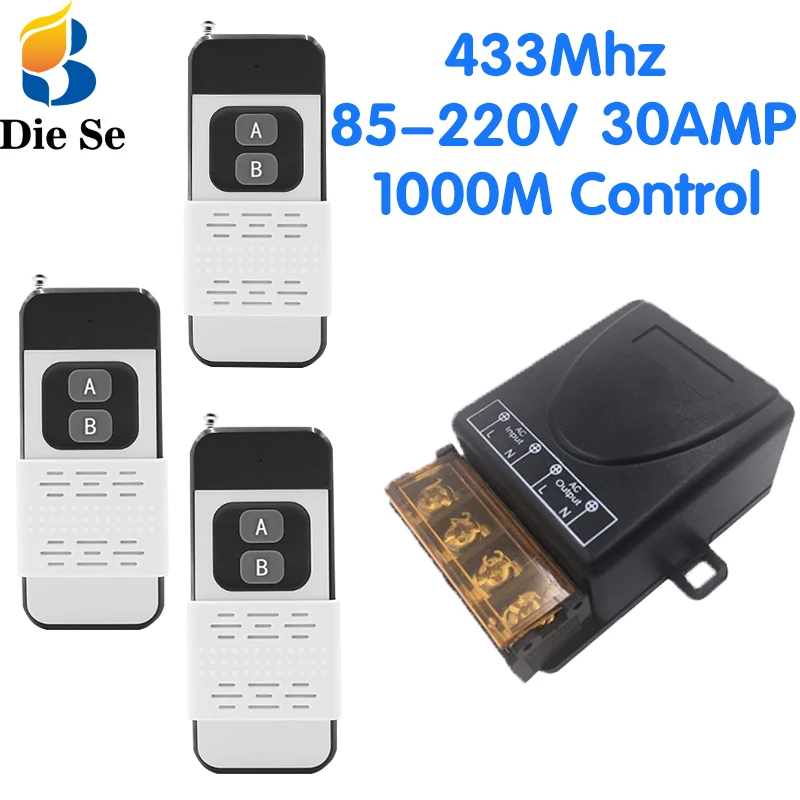 

433MHz Universal Remote Control 1000M Range AC 110V 220V 30A 1CH Rf Relay Receiver and Transmitter for Electric Appliance ON/Off