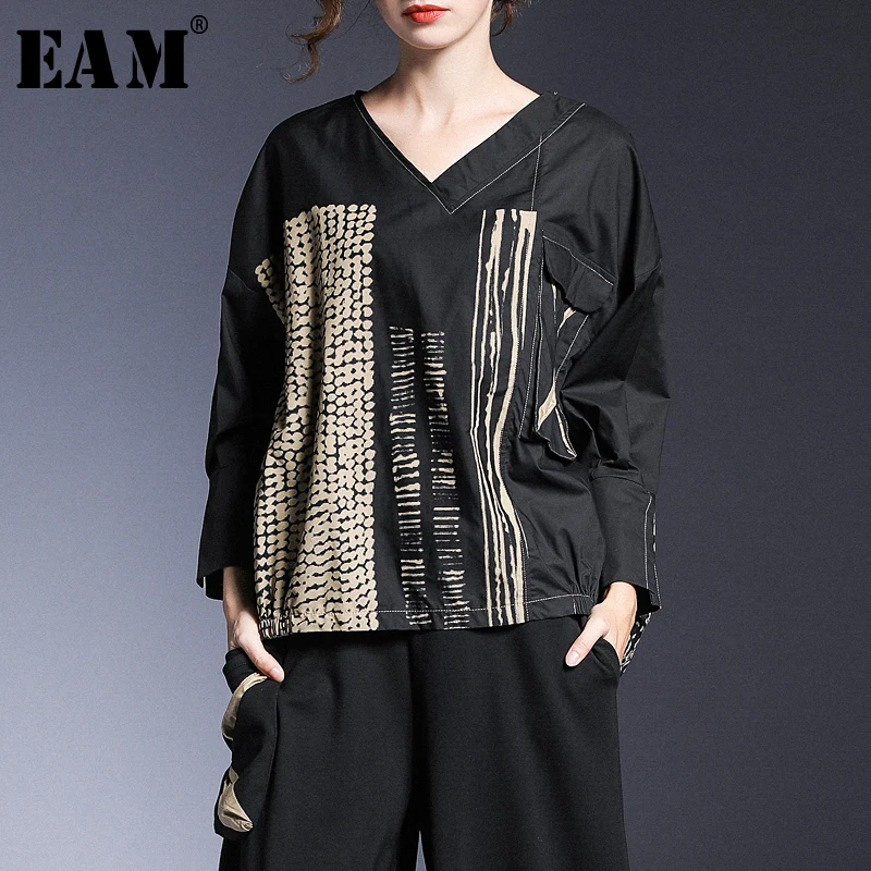 

[EAM] Women Print Spliced Pleated Big Size Blouse New V-neck Long Sleeve Loose Fit Shirt Fashion Tide Spring Autumn 2019 1A042