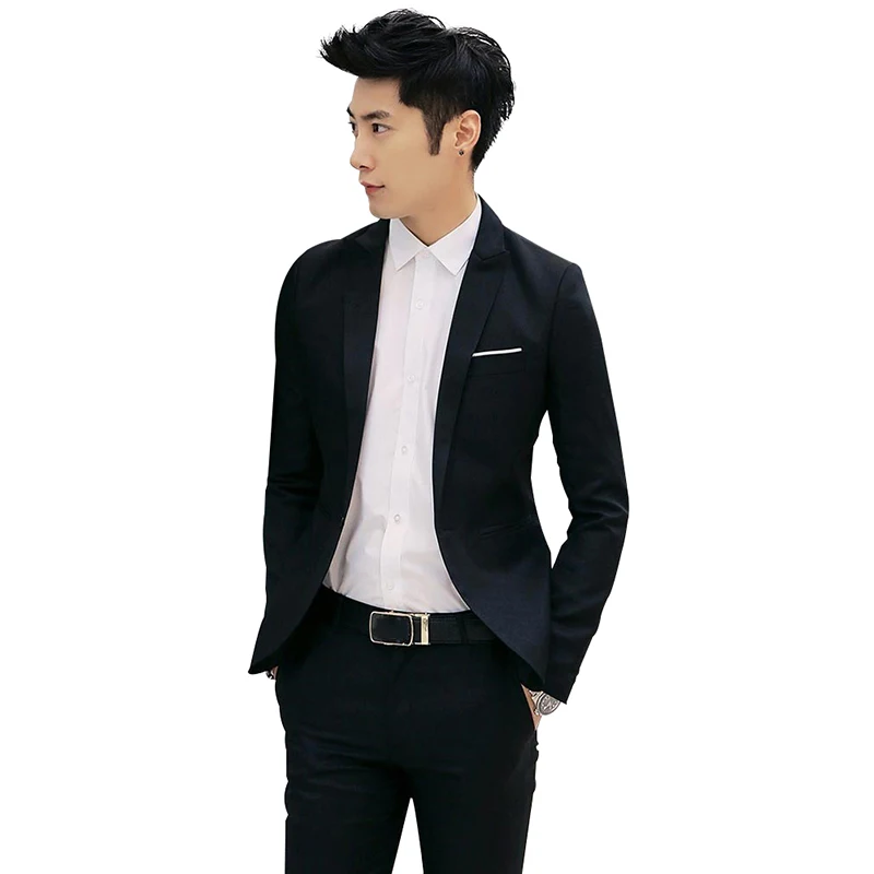 Мужской костюм на одной пуговице, костюм для досуга, корейский приталенный Повседневный Блейзер, Одноцветный мужской модный уличный пиджак с зубчатым воротником из полиэстера