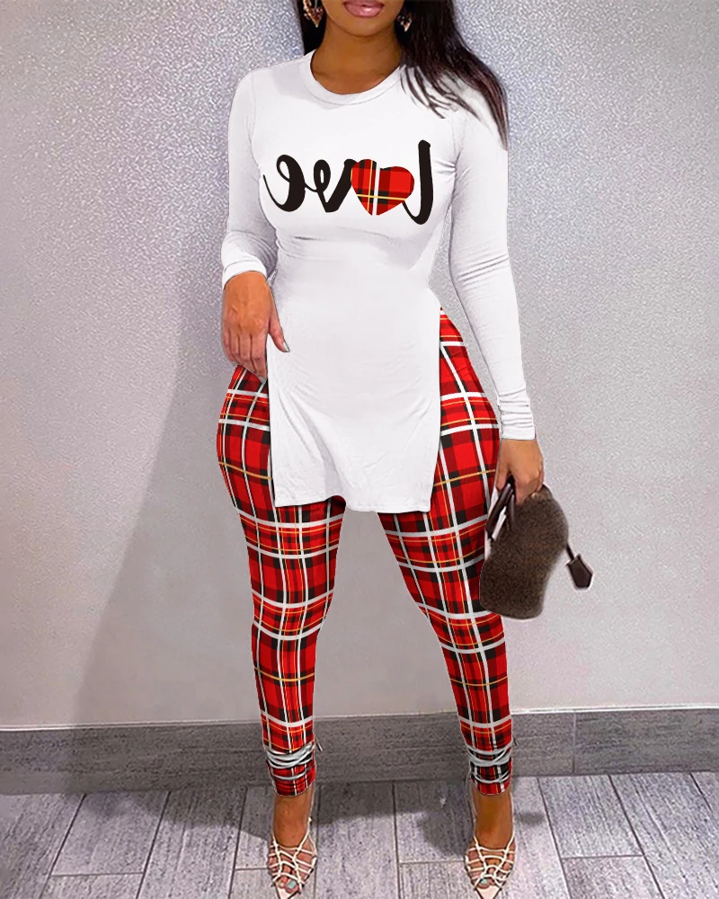 Women Clothing 2021 Winter Women's Set Letter Print Split Hem Long Sleeve Top & Camouflage High Two Piece Set Outfits Sweatsuit