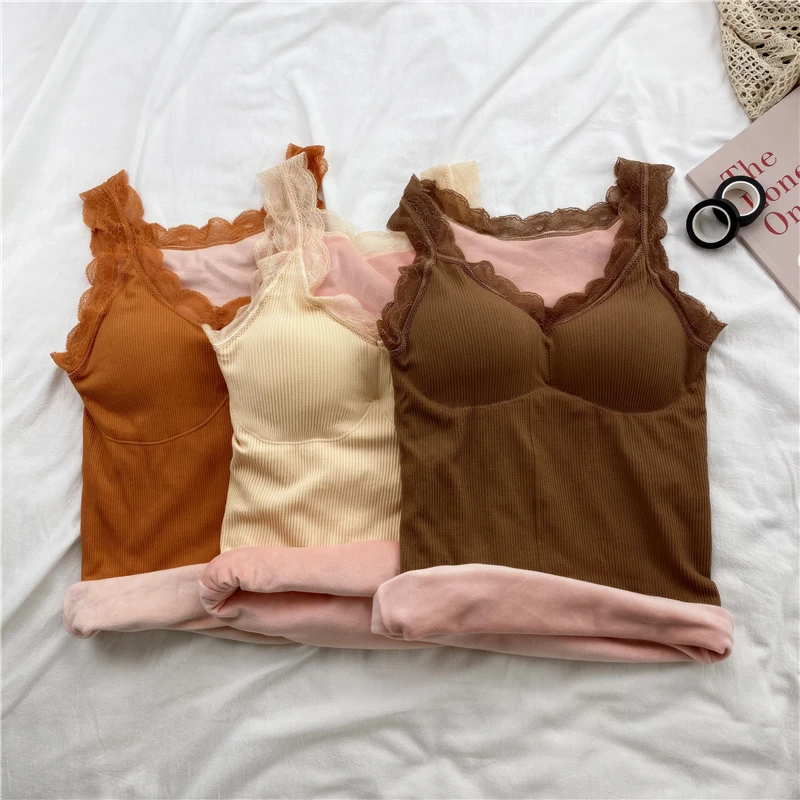 Зимнее теплое термобелье Cami, женское регулируемое кружевное нижнее белье с v-образным вырезом, плотный базовый жилет без рукавов, для девочек, большой размер, облегающий корсет