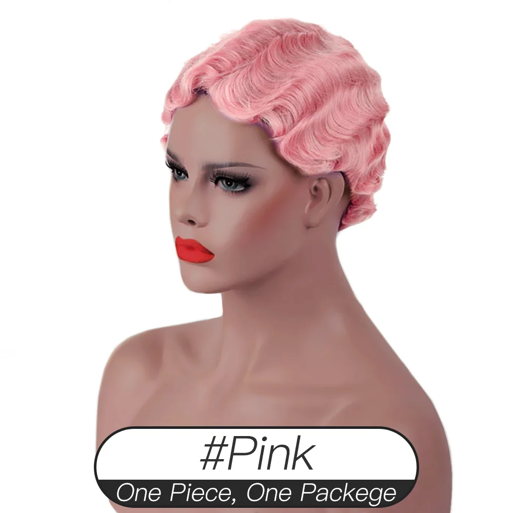 LiangMo афро блонд розовый красный короткий палец волна парик высокая температура волокно Синтетический Косплей Пикси Ретро кудрявый парик для бла - Цвет: PINK