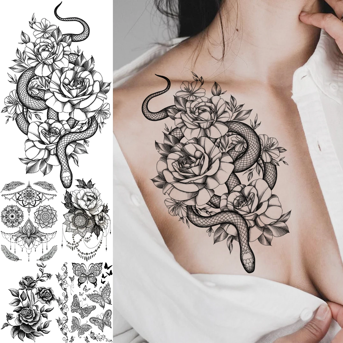 

Realistic Rose Flower Snake Sexy Chest Temporary Tattoos For Women Thigh Adult Serpent Butterfly Fake Tattoo Waterproof Tatoo