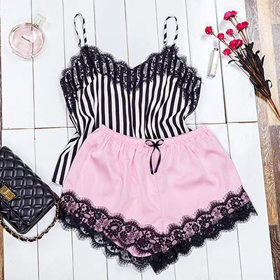 Pink Викторианский ключ кружевная отделка атласные Cami и полосатые шорты пижамный комплект женское сексуальное белье набор Ночная сорочка Осенняя Дамская пижама - Цвет: Pink