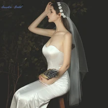 Сапфировая Свадебная простая свадебная фата длиной до пальцев цвета слоновой кости Velo De Novia, короткая кружевная кромка, 1 ярус, аппликация жемчугом, Фата для невесты