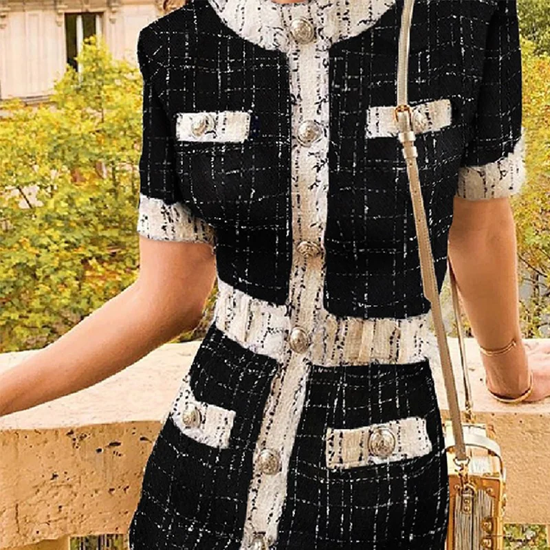 Colorblock Frayed Fringed Plaid Buttoned Blazer Dress Women Round Neck Short Sleeve Casual Mini Dress Workwear