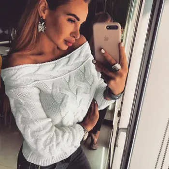 

2019 New Women Ladies Autumn Fashion Sweater Tops Long Sleeve Off Shoulder Knit Jumper Pullover Jacket Coat