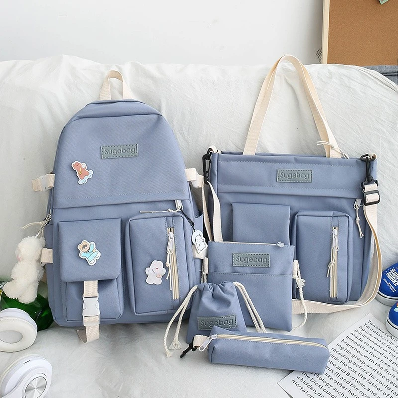 NEW 5 Piece Set backpacks fashion canvas kawaii female Korean Shoulder bag Casual College Students backpack School bag for girl