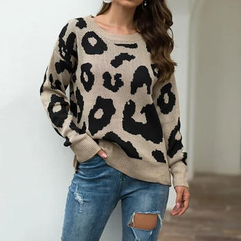 

Women Sweater Leopard Print Knitted Pullovers Sweater Winter Clothes Round Neck Long Sleeve Sweater Jumper Casual Tops