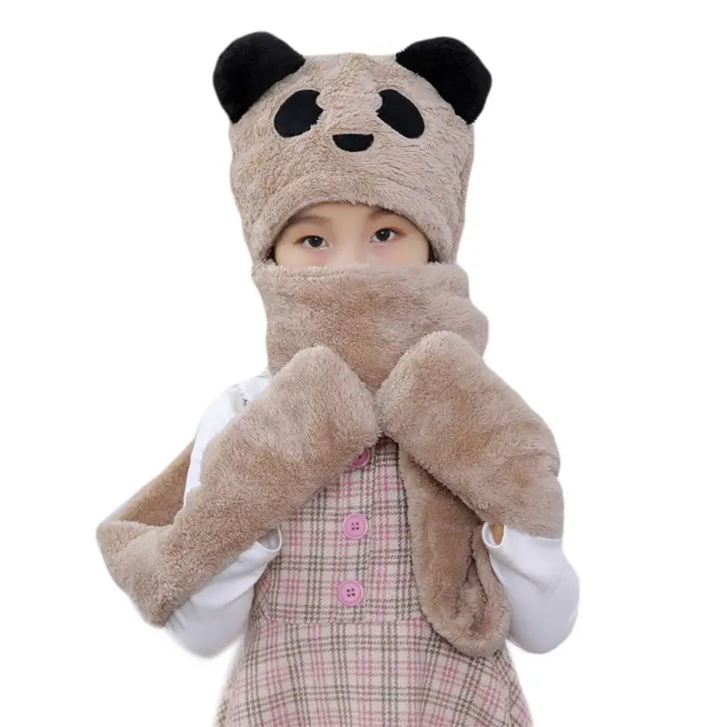 Khaki Panda 3в1 детская зимняя шапка с мультяшными животными, плюшевая теплая шапка-ушанка, шарф с перчаткой - Цвет: Khaki Panda