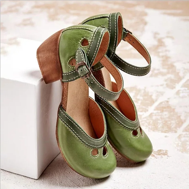 Women Summer Shoes Mid Heel Hollow Out Casual Sandals Elegant Retro Ladies Pumps Ankle Color Block Buckle Straps Female Sandals women sandals women pumps shoes women single shoes women wedges heels shoes