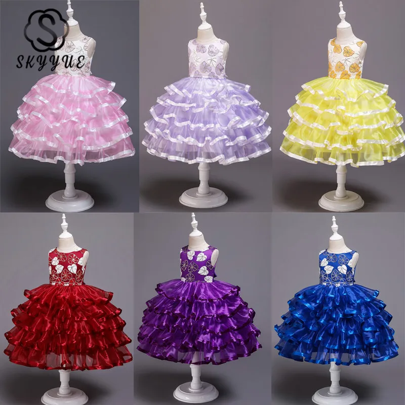 

Skyyue Flower Girl Dress for Wedding Flower Applique Tulle Communion Gown O-Neck Sleeveless Kids Party Dresses Yellow 2019 852