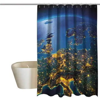 

World Extra Long Shower Curtain Continent of Central Europe Night Time View from Outer Space Vivid Planet Mildew Fabric Shower
