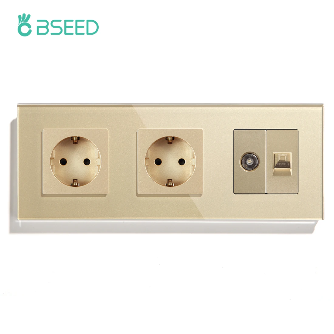 Bseed 유럽 표준 이중 벽 소켓, TV 컴퓨터 플러그 소켓, 크리스탈 유리 패널 포함 트리플 USB C타입 충전 포트