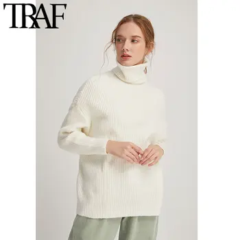 

TRAF Women Vintage Stylish Thick Warm Turtleneck Loose Knitted Sweater Fashion Long Sleeve Female Pullovers Chic Tops