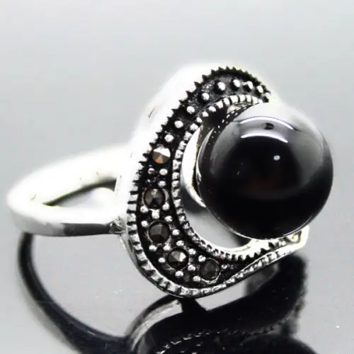 

wholesale Natural 6mm Black Natural jade Beads 925 Sterling Silver Marcasite Ring Size 7/8/9/10