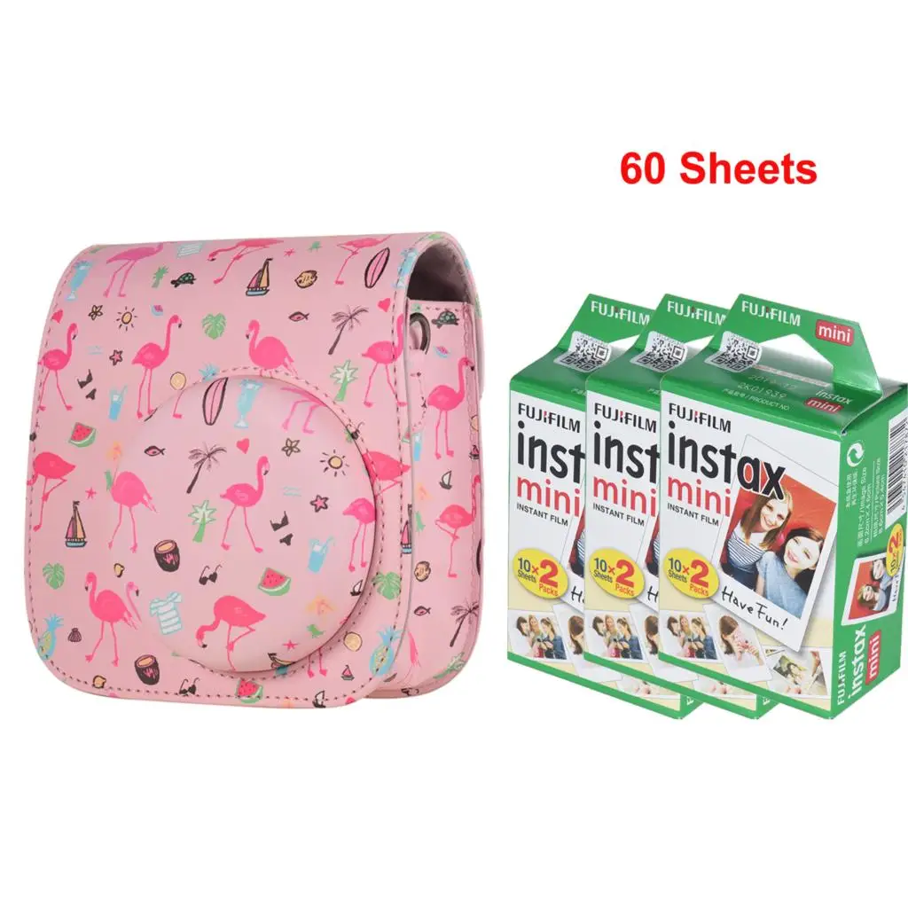 pink 60 sheets Наплечная сумка для камеры, защитный чехол из искусственной кожи, цветная кожаная сумка для камеры с изображением леса для Fujifilm Instax Mini 8/MINI8+/9 - Цвет: pink 60 sheets