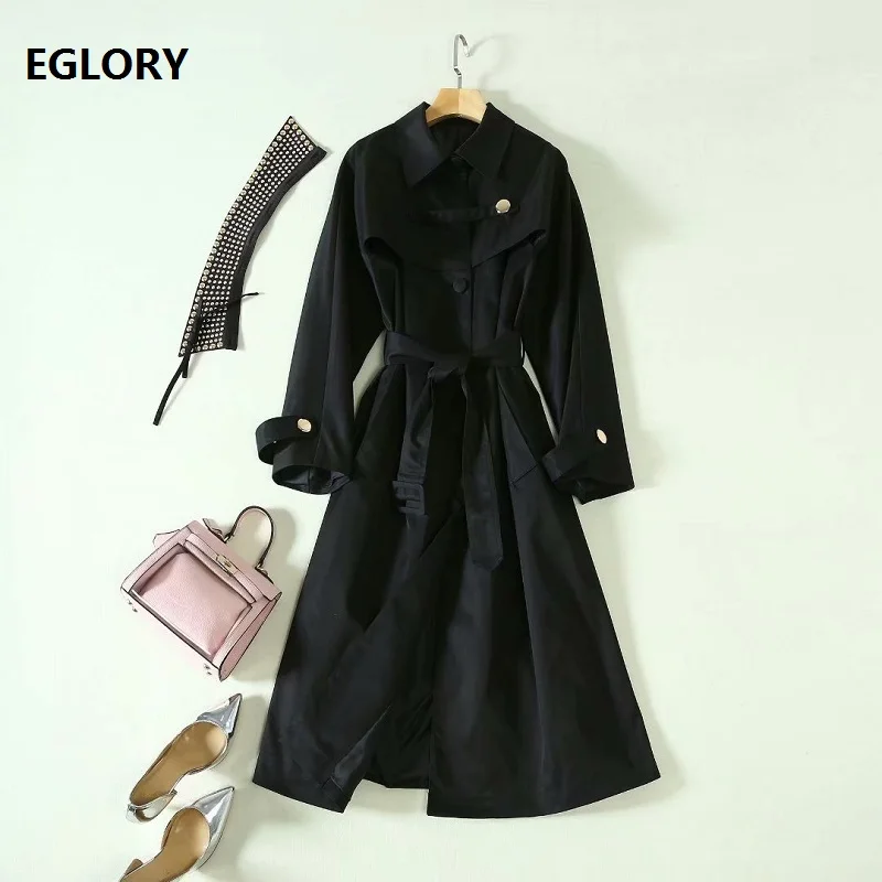 

2019 Autumn Fashion Long Coat Trench High Quality Women Turn-down Collar Studs Beading Deco Single Breasted Coat Windbreaker