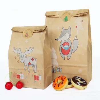 

Vacclo Kraft Paper 12pcs Candy Cookie Paper Bags Christmas Elk Fox Deer Sticker Dessert Snack Organizer Children Gift Bags