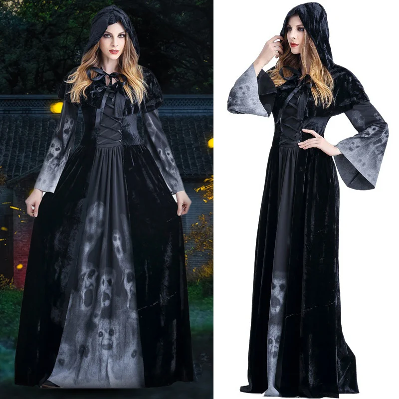 

Halloween Female Death Dress Terror Skull Role Playing Suit Cloak Stage Costume for Women DAG-ship