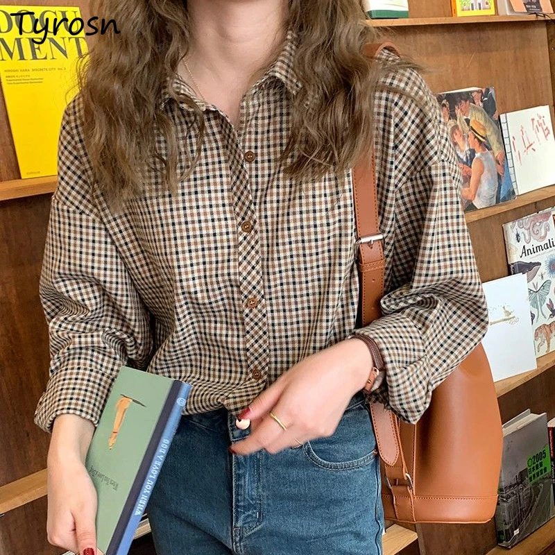

Рубашка женская в клетку, ретро блузка с отложным воротником, универсальная прямая элегантная верхняя одежда в гонконгском стиле на пуговицах, с длинным рукавом