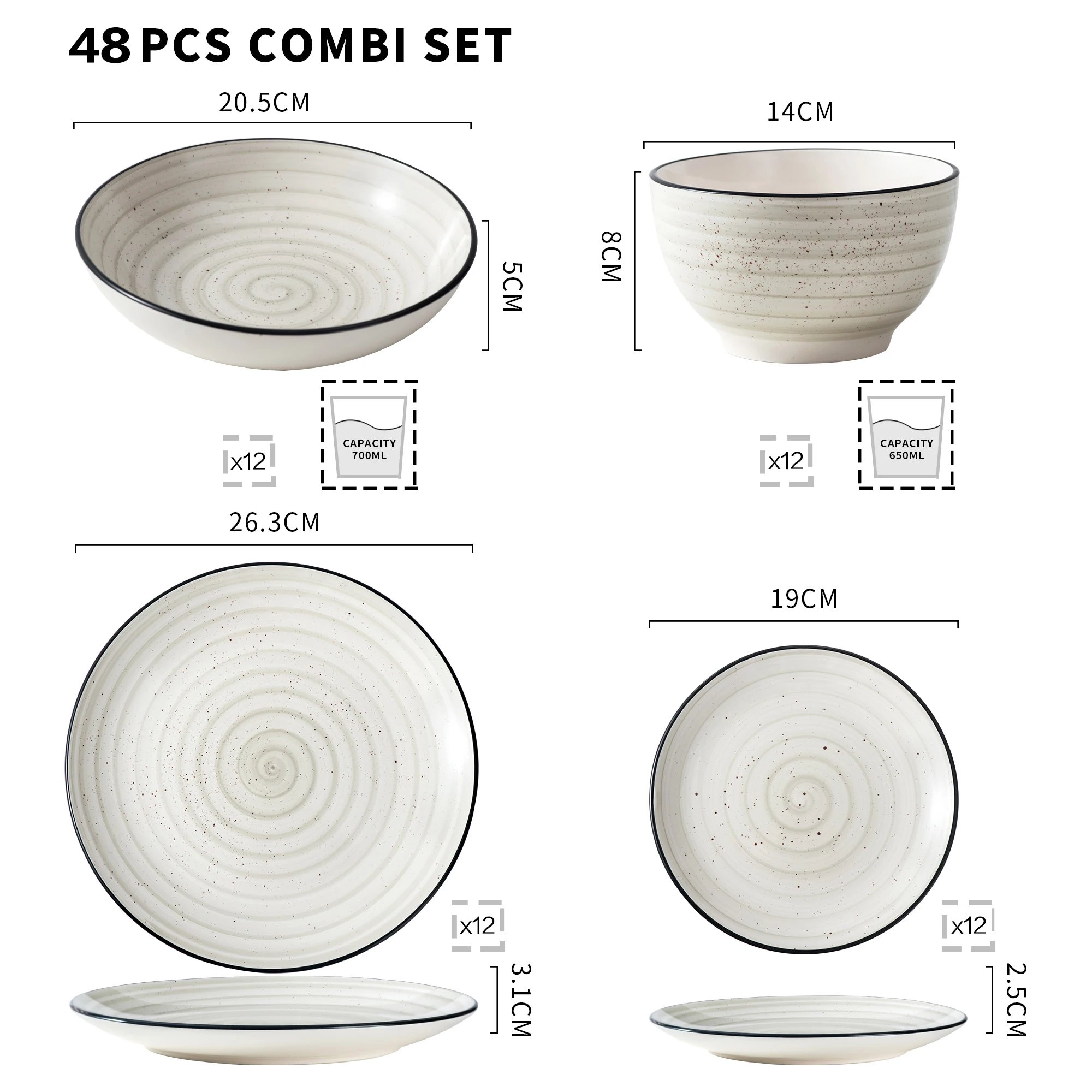 VANCASSO BONBON Beige 24/48-Piece Handpainted Spirals Stoneware Dinner Combi-Set with Bowl,Dessert Plate,Soup Plate,Dinner Plate