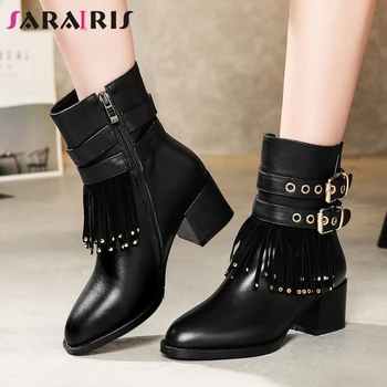 

SARAIRIS Brand New Plus Size 31-45 Genuine Leather Belt Buckle Fringe Shoes Woman Party OL Autumn Winter High Heels Ankle Boots