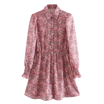 

2020 women vintage paisley flower print shirtdress femme long sleeve buttons cashew floral vestidos casual mini dresses DS3490