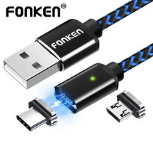 Магнитный кабель FONKEN Micro usb type-C, 1 м, 2 м, магнитный usb-кабель, 3 А, быстрая зарядка для зарядного устройства телефона, кабель type-C, мобильный светодиодный кабель для передачи данных