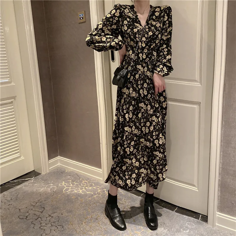 Осенне-весеннее винтажное шифоновое платье с цветочным рисунком, Boho, элегантные женские вечерние платья с длинным рукавом, Vestidos