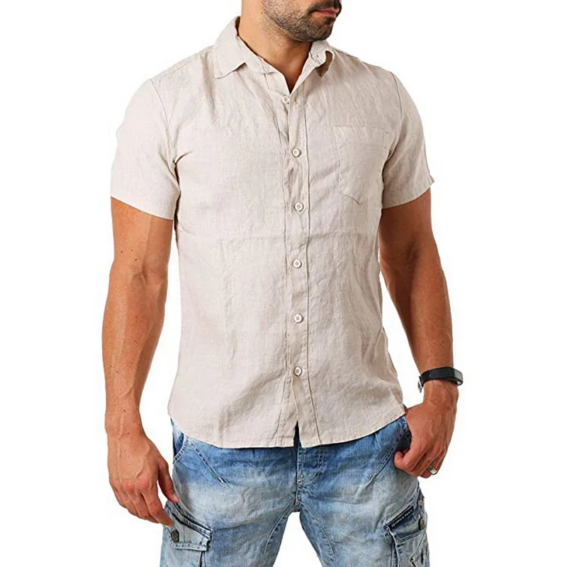 

Men's cotton Linen Shirt Short-Sleeve Slim Fit Light button Linen Shirt men's casual stand collar high quality business shirts