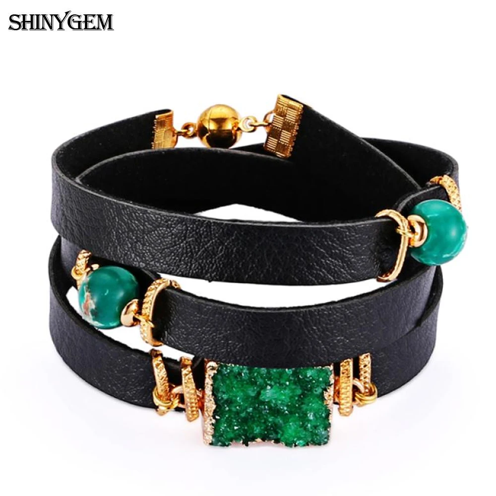 

Fashion Magnet Buckle Bangles Green Natural Druzy Sea Sediment Stone Beads Leather Rope Chain Bracelets Charm For Man Women Gift