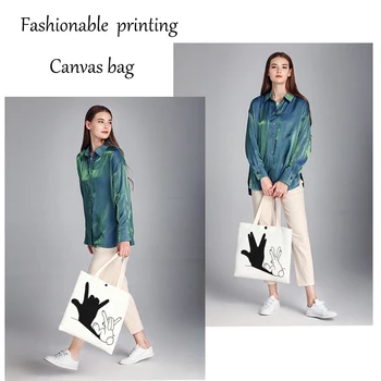 

2019 Fingers dance printing Women Student Cotton Vanvas Single Shoulder Bag Shopping Tote Check Plaid Female Flax women bag