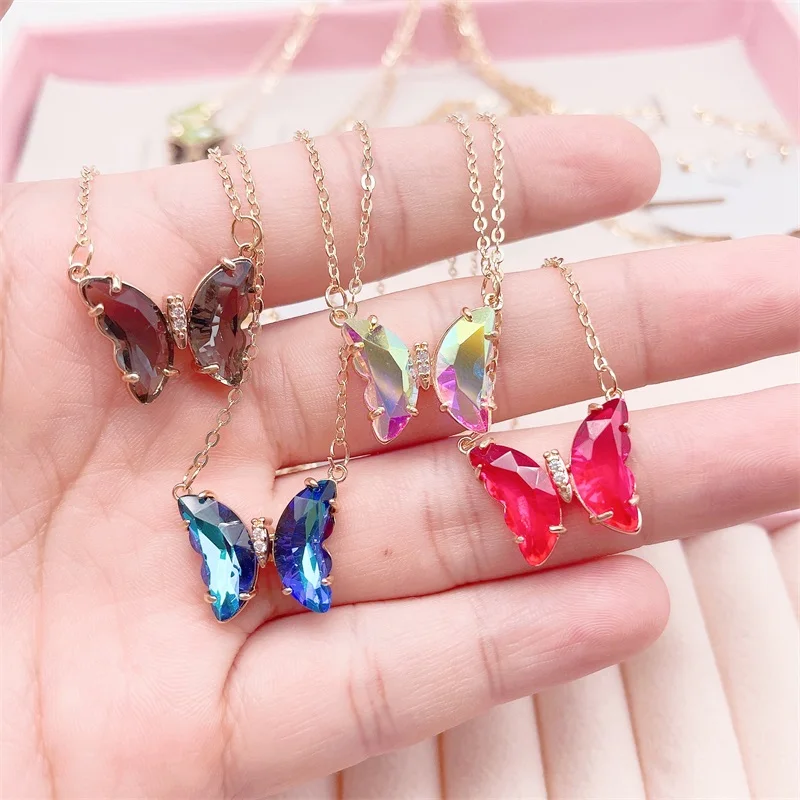 Kpop Glänzende Nette Schmetterling Anhänger Halskette Für frauen Cocktail-Party Halskette Damen Bunte Kristall Schmetterling Halskette – Detail 2