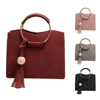 

New Women Solid Color Tassel Ring Handle Faux Leather Handbag Crossbody Sling Bag