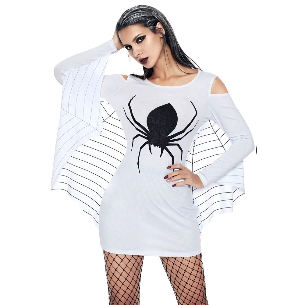 3XL Хэллоуин Дьявол черный костюм паука для взрослых женщин короткий причудливый паутина темный готический крыло летучей мыши рукава комбинезон платье для леди - Цвет: White
