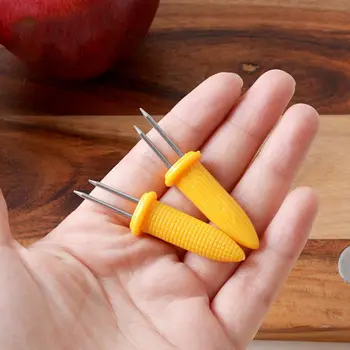

Home Cooking Small Skewers Stainless Steel Corn Shaped Skewers for BBQ Twin Prong Sweet Corn Fruit Holder
