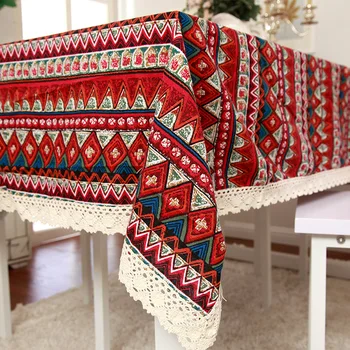 

Free Shipping 2020 New Designed Mediterranean Bohemian Ethnic Style Geometry Printed Linen&Cotton Lace Tablecloth
