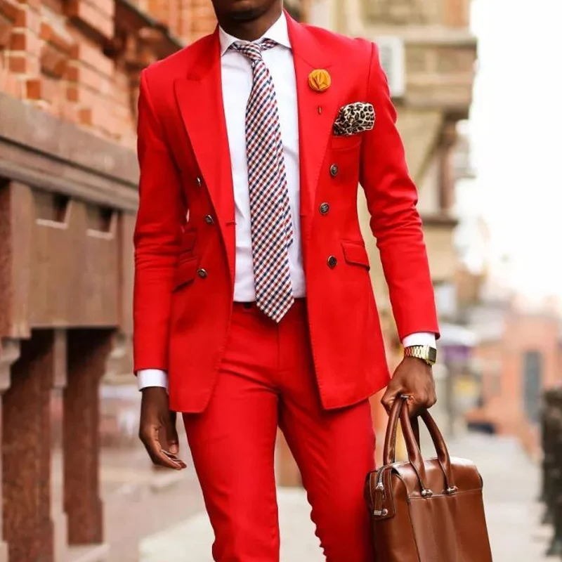 

Red Casual Prom Suits for Mens with Double Breasted 2 Piece African Boyfriend Wedding Tuxedo Set Jacket Pants Man Fashion Design
