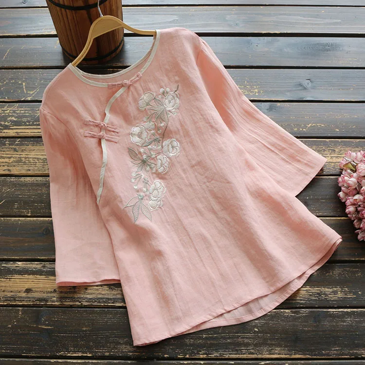 

Summer Vintage Casual Women White Yellow 3/4 Sleeve Embroidery Cheongsam Top Shirt , Woman 4xl Chipao Linen Shirts Tops
