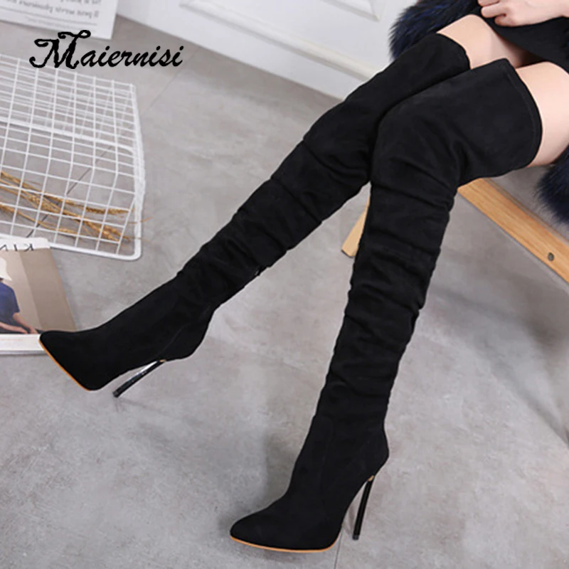 

MAIERNISI Knee High Boots Women's Winter Boots High Heels Long Boots Round Slip On Spring Autumn Shoes Ladies Plus size 35-42
