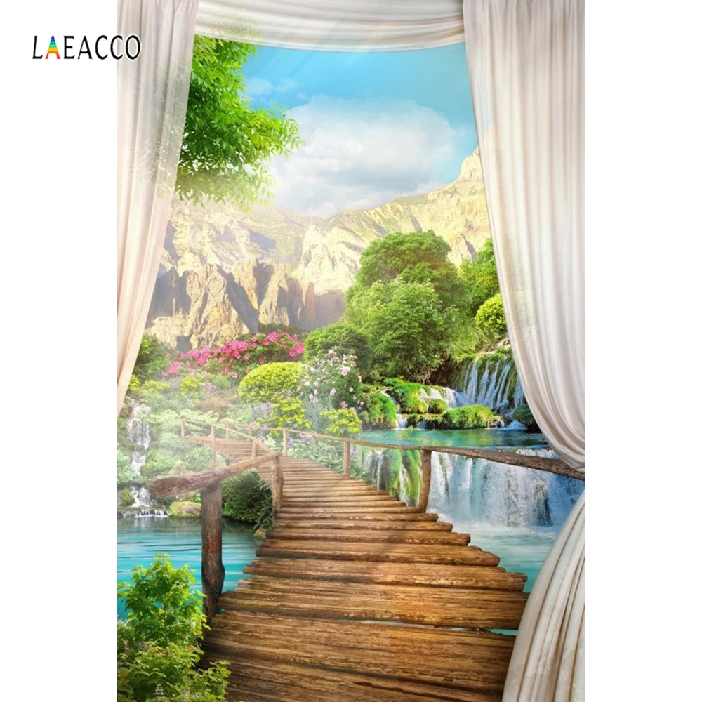 Laeacco Wonderland занавес деревянный птичий водопад деревья горы фотографии фоны виниловые пользовательские фоны для фотостудии