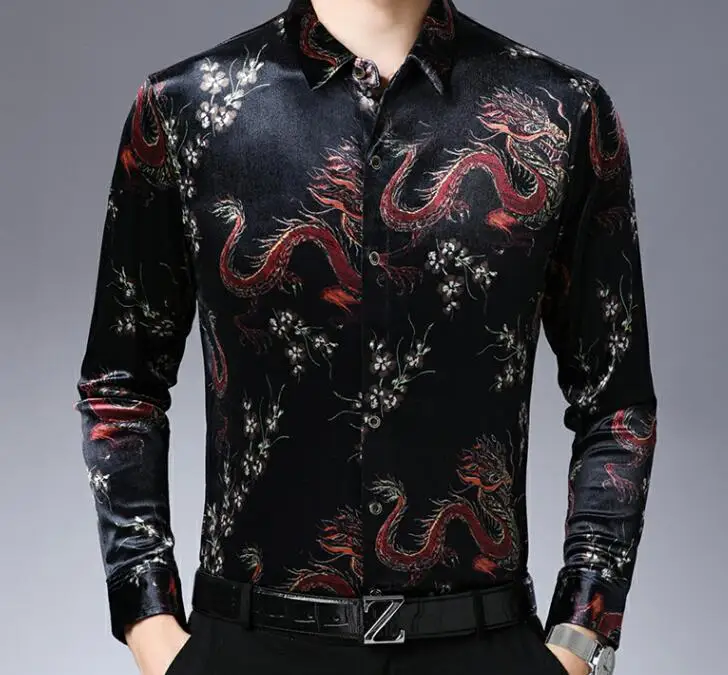 Высокое качество Мода Slim Fit золотистое бархатное платье рубашка для мужчин Китай Дракон печати длинный рукав мужские платья рубашки - Цвет: Черный