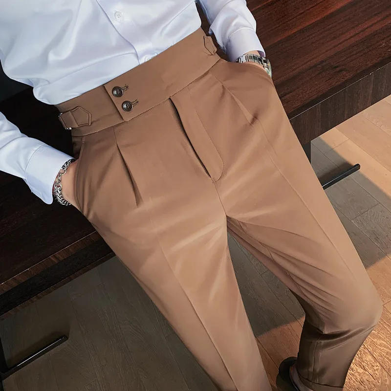 Men's High Waist Suit Pants Slim Dress Trousers Casual Formal