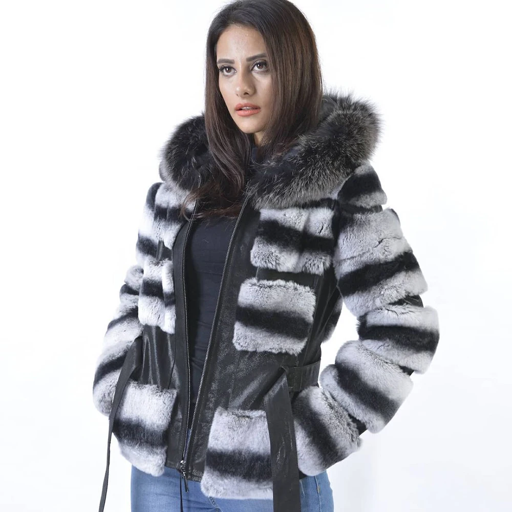 Настоящий мех кролика средней длины куртка из натуральной кожи цельная Кожа натуральная Шуба из кролика рекс с отделкой из меха серебристой лисы