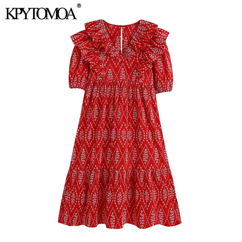 KPYTOMOA Women 2020 Chic Fashion Cutwork Embroidery Ruffles Midi Dress Vintage V Neck Puff Sleeves Female Dresses Vestidos Mujer KPYTOMOA Women 2020 Chic Fashion Cutwork Embroidery Ruffles Midi Dress Vintage V Neck Puff Sleeves Female Dresses Vestidos Mujer