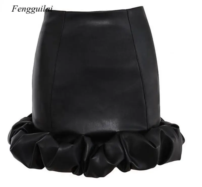 Vintage Elegant Black Pu Skirts Women Fashion Faux Leather Bud Skirts 2021 Autumn Pleated Ladies Sexy Party Short Skirts stand design durable jeans cloth flip leather tablet case soft pu back cover for ipad mini 2021 black